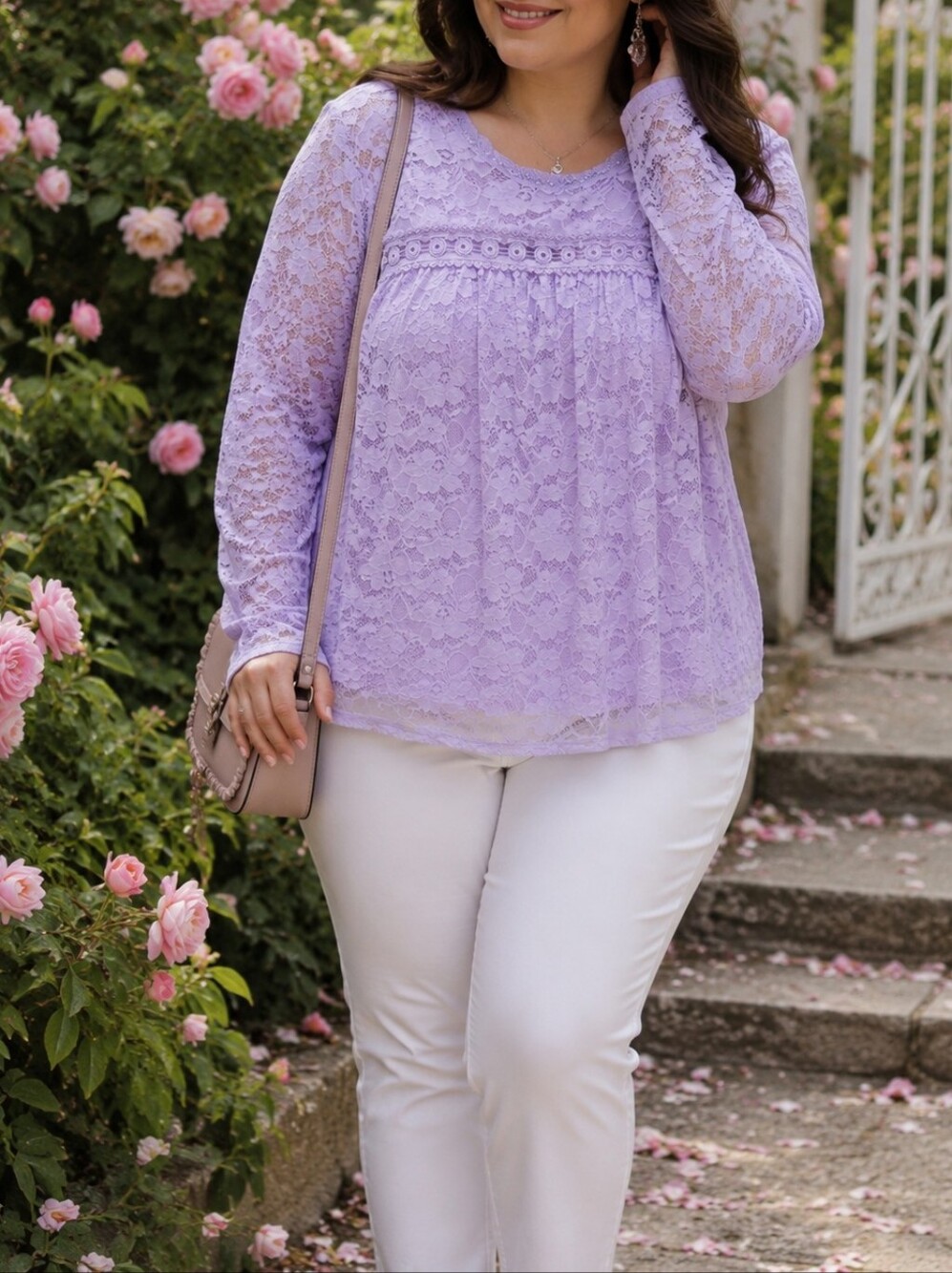 Penningtons Plus Size Lavender Floral Lace Scoop Neck Long Sleeve Blouse Top